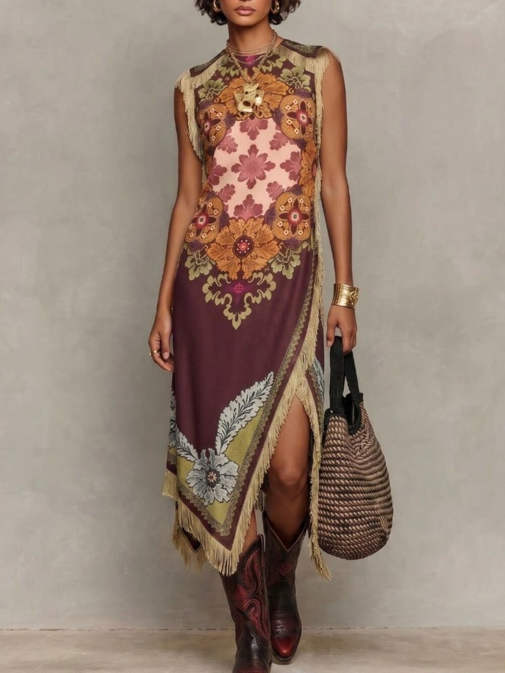 Brown Boho Women's Maxi Tunic Dress With Fringe & Embroidery